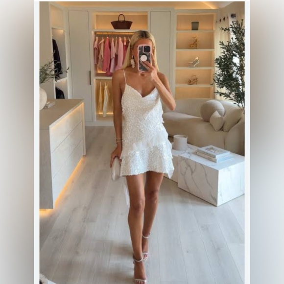 Zara Sequin Ruffle Solid Oyster White Mini Dress 8306/732 Sparkle Size XS - Picture 10 of 13